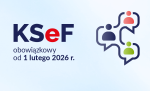 Napis: KSeF obowiązkowy od 1 lutego 2026 r. na błękitnym tle. Znaczek trzech postaci w dymkach po prawej stronie. 